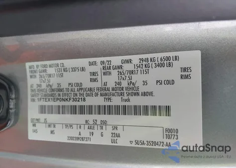 2022 Ford F-150 Xlt из США, поврежденный, VIN 1FTEX1EP0NKF30218